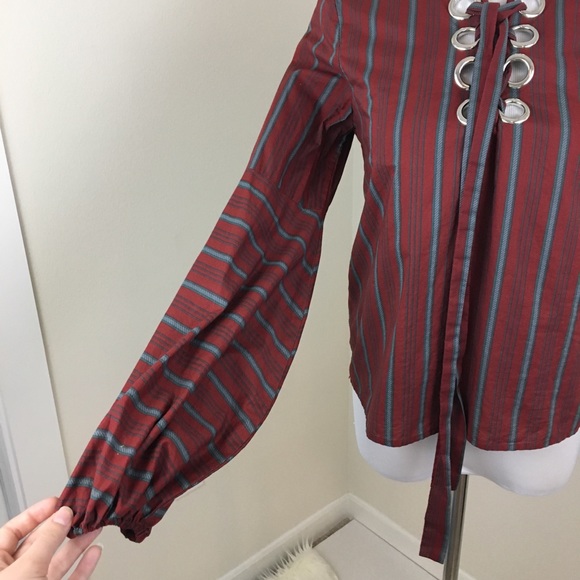 ✨5 FOR $25✨ JOA Los Angeles Red Stripe Lace Up Lone Sleeve Top - Picture 3 of 8